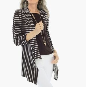Chico's Sz 1 Med Knit Stripe Jacket Cardigan Open Front Stretch Dark Brown White